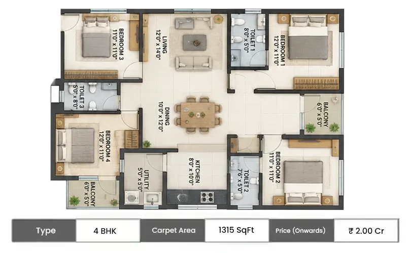 Birla Vanya 4 BHK floor plan, 1315 sq ft carpet area