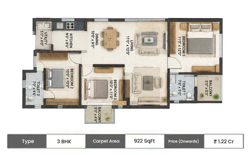 Birla Vanya 3 BHK floor plan, 922 sq ft carpet area